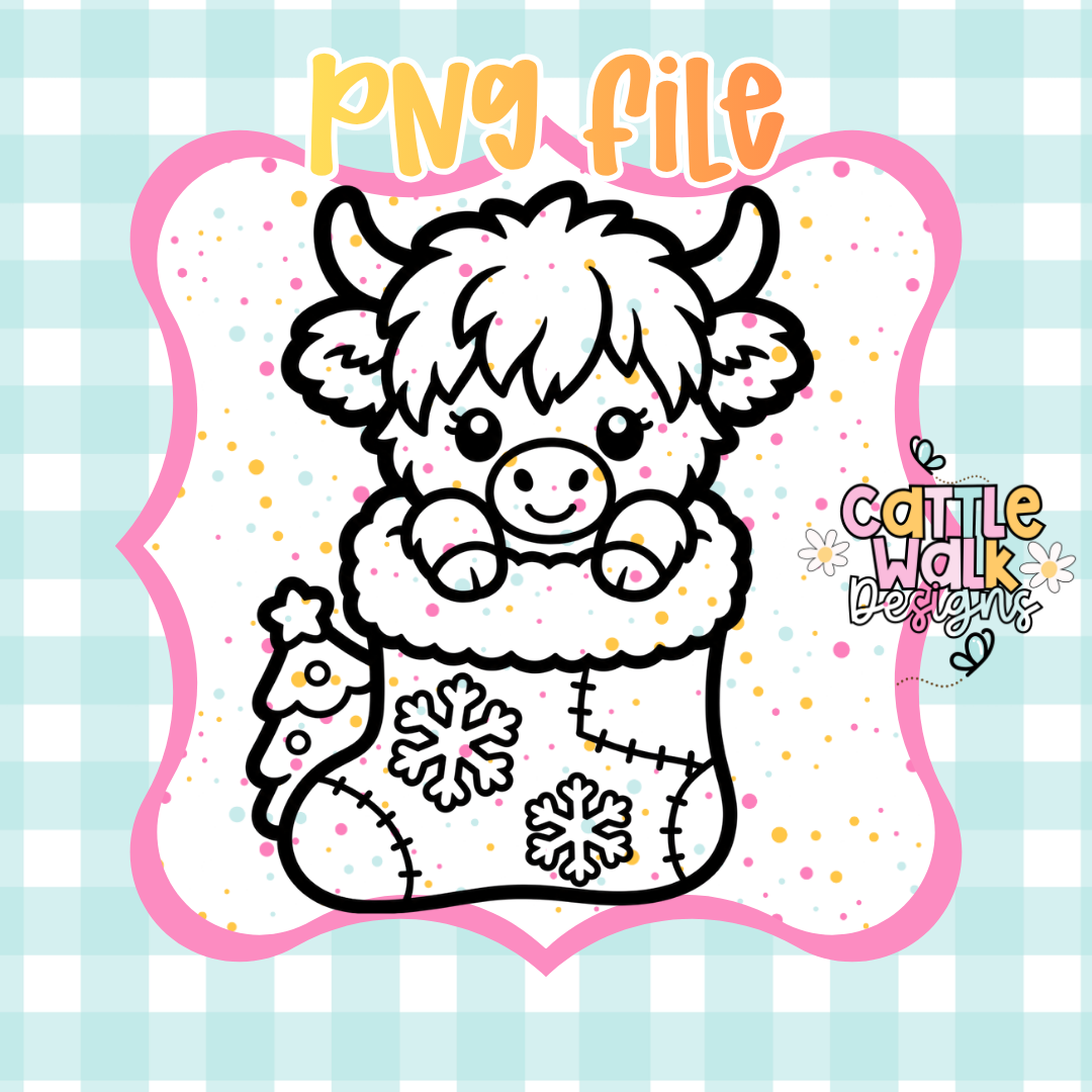 Highland Cow Christmas Stocking PNG | Cute Christmas Highland Cow Digital Download | Holiday Sublimation Design