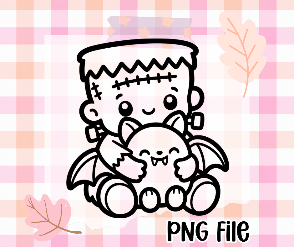 Cute Frankenstein & Bat PNG | Thick Black & White Outline | Freshie Mold Friendly | Digital Download