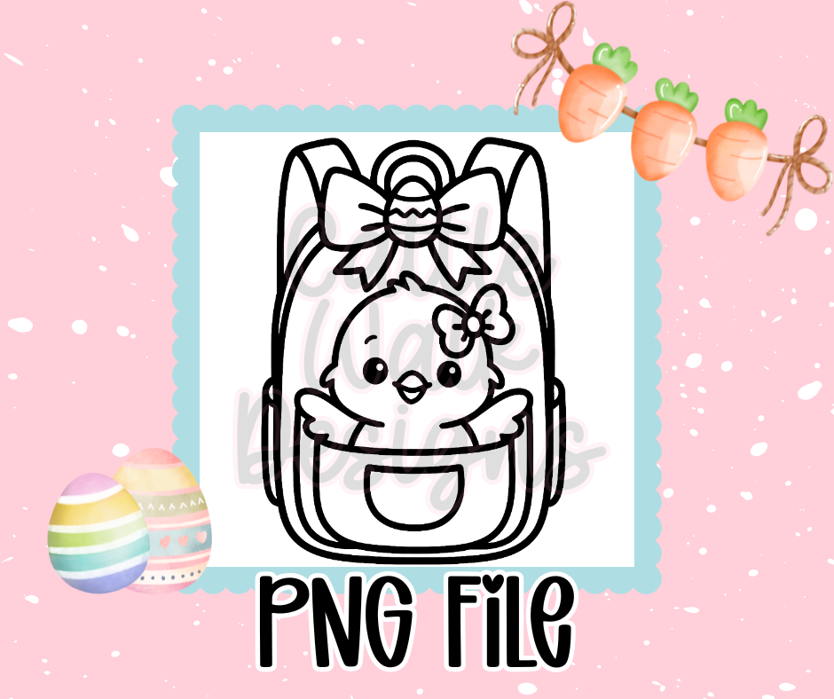 Easter Chick in Backpack PNG • Cute Spring Chick Clipart • Bow Backpack Outline • CWD Thick Line Design