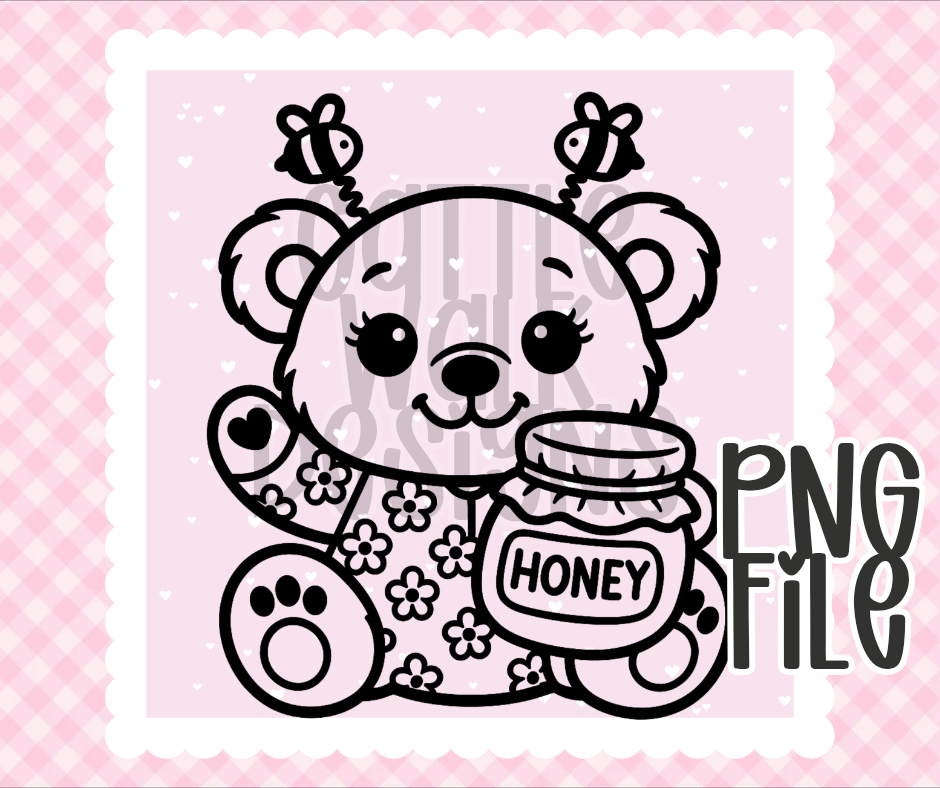 Cute Bear with Honey PNG | Bee & Honey Bear Design | Bold Black & White Outline | Freshie & Craft PNG