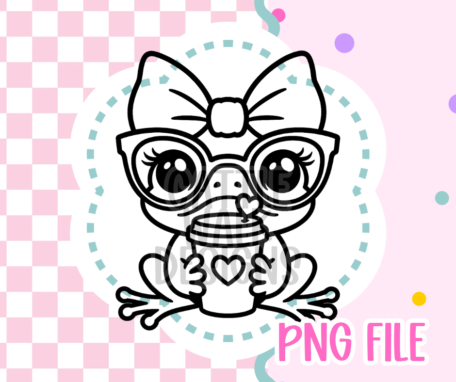 Kawaii Frog Outline PNG – Cute Frog with Glasses, Bow & Coffee Cup