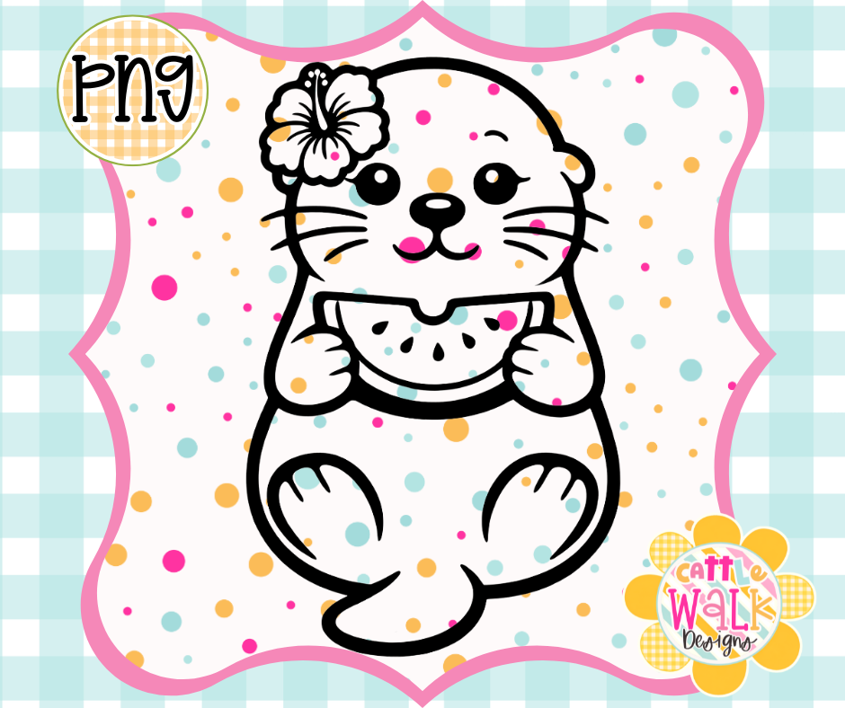 Watermelon Otter PNG | Tropical Summer Beach Design | Bold Outline Freshie Digital Download