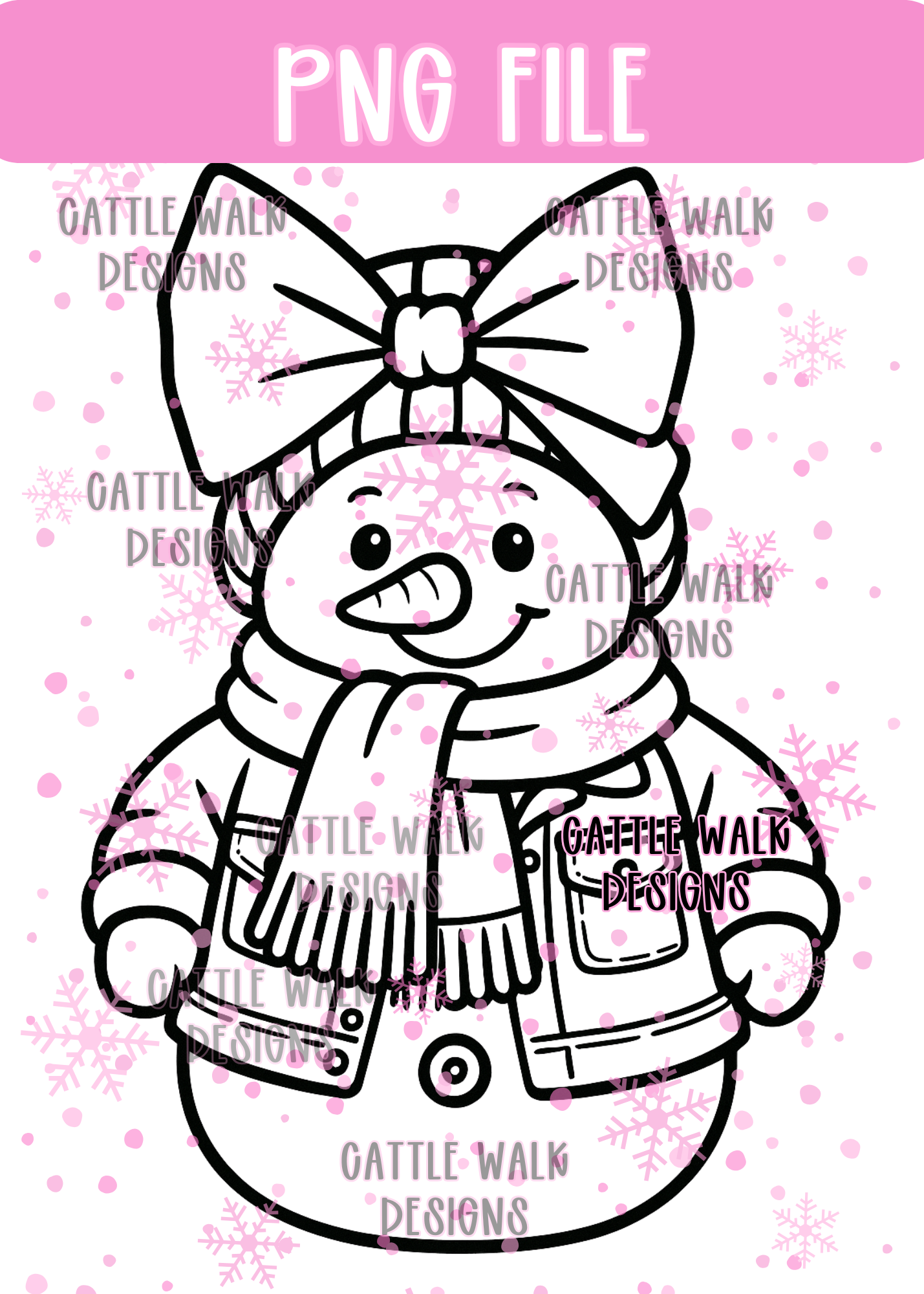 Cute Snowman with Bow & Scarf – Christmas PNG Outline