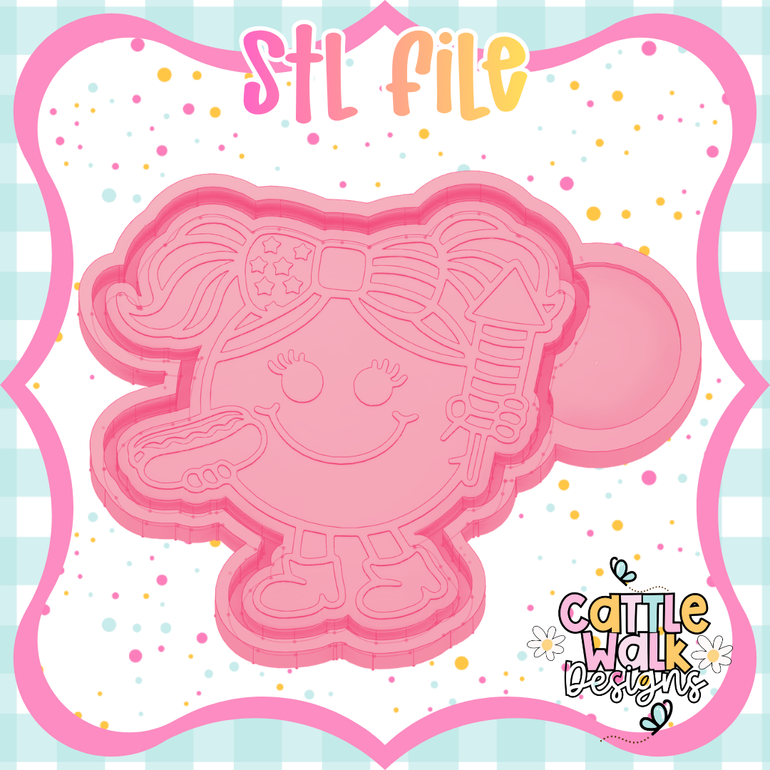 Little Miss Patriotic STL File | Kawaii Girl w/ Hot Dog & Firework | 4th of July Freshie Mold | CWD-Style Bold Outline