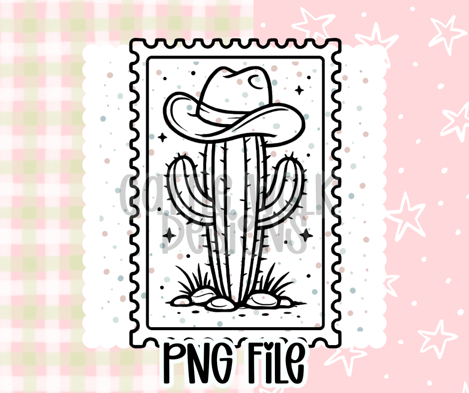 Cowboy Cactus Stamp Outline – Chunky Bold Western Freshie PNG