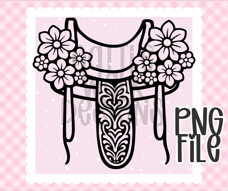 Floral Western Saddle PNG | Tooled Saddle Design | Bold Black & White Outline | Freshie & Craft PNG
