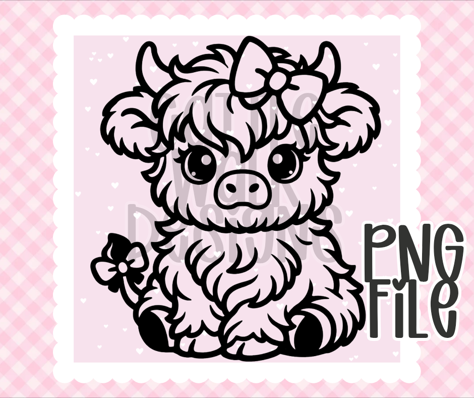 Cute Highland Cow PNG with Bow | Girly Cow Design | Bold Black & White Outline | Freshie & Craft PNG
