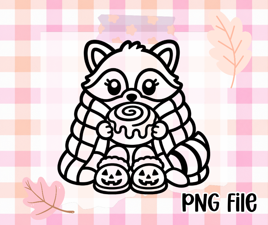 Cozy Raccoon with Cinnamon Roll PNG | Thick Black & White Outline | Freshie Mold Friendly | Digital Download