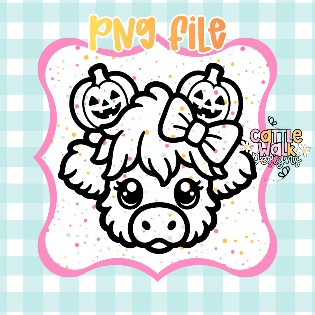 Halloween Highland Cow PNG | Pumpkin Bow Highland Cow PNG | Cute Spooky Cow PNG | Fall Highland Cow | Digital Download