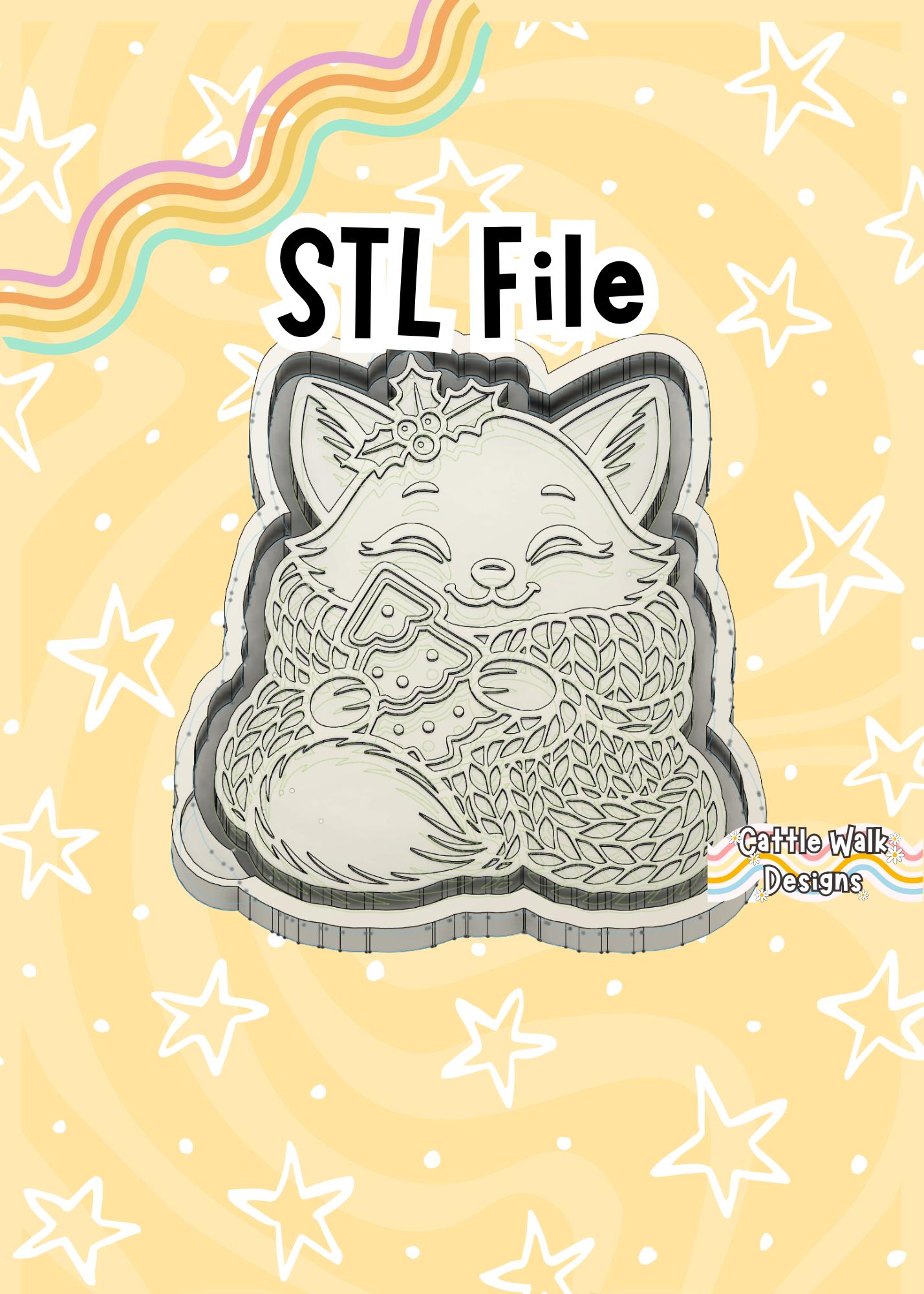 Cozy Christmas Fox STL File – Holiday Freshie Mold with Sweater & Cookie Tree