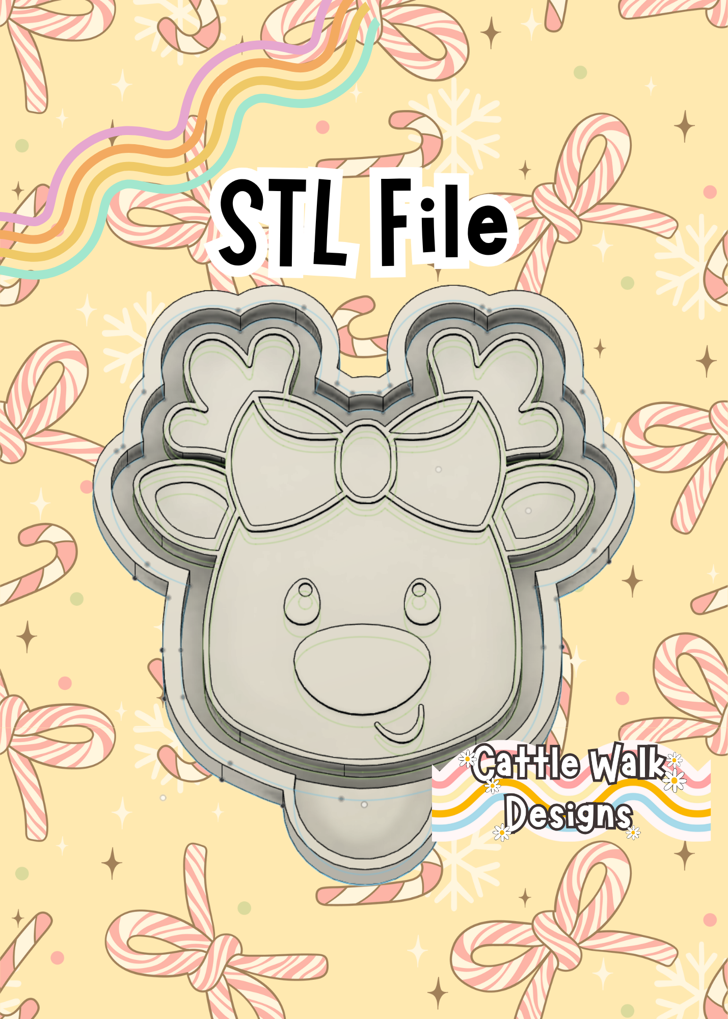Reindeer with Bow Freshie Mold STL Digital Download