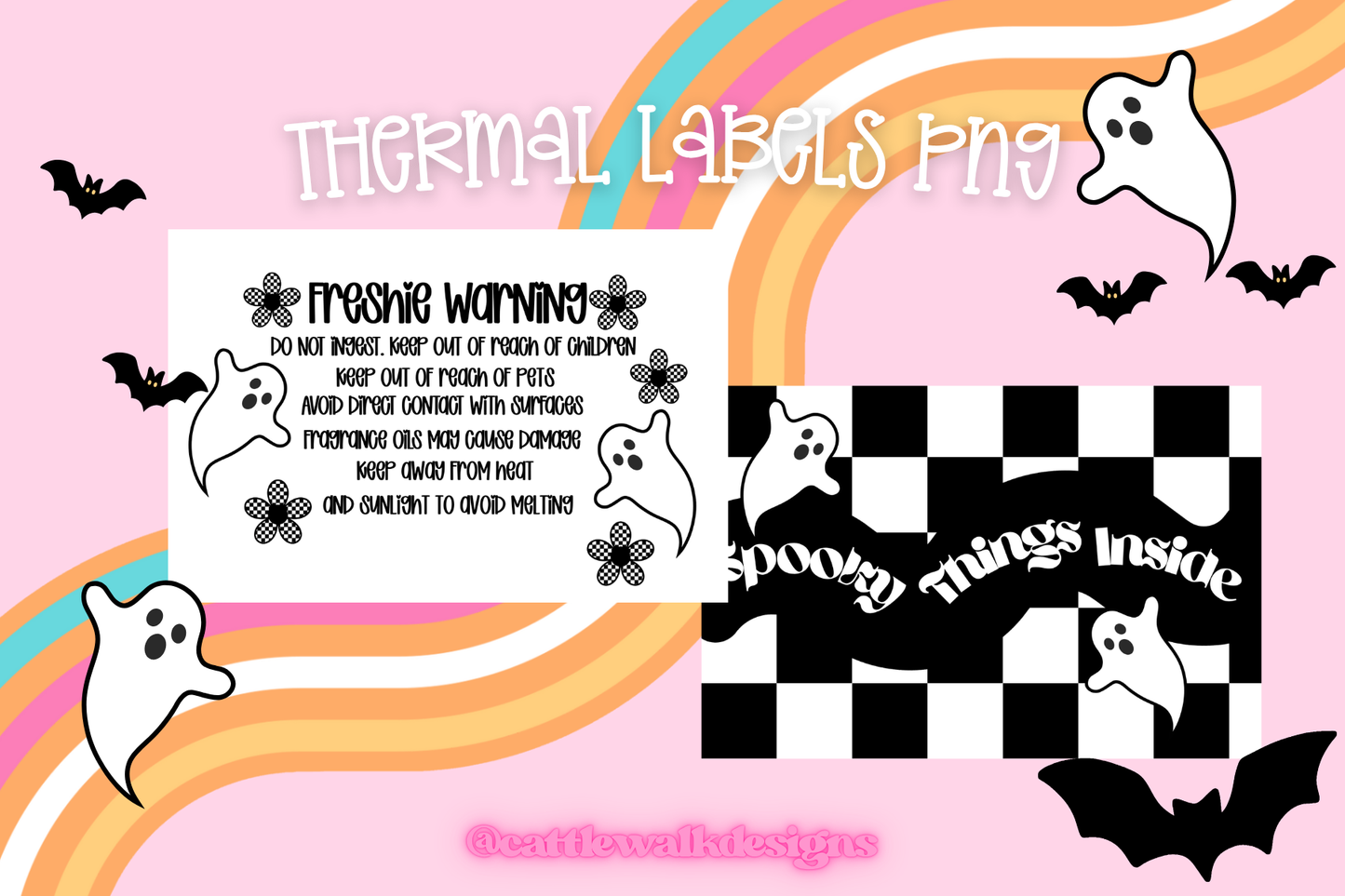 Spooky Thermal Label PNG - Spooky Things Inside & Freshie Warning Labels - Retro Ghost Checkered Design
