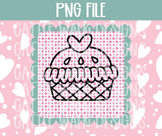 Heart Top Cupcake Outline PNG – Black & White Cupcake Clipart, Cute Dessert Line Art PNG for Sublimation, Coloring, Freshies, or Laser Cutting