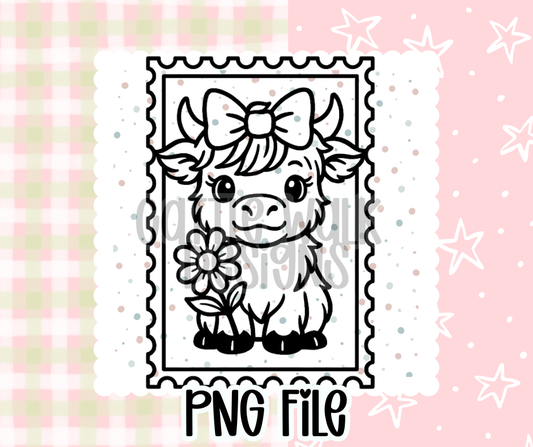 Highland Cow Flower Stamp Outline – Chunky Bold Freshie PNG