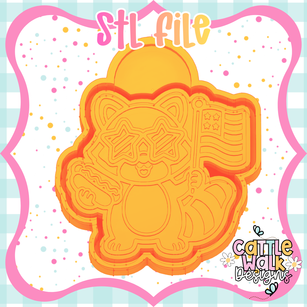 Patriotic Raccoon STL File | Kawaii Raccoon w/ Hot Dog & Flag | 4th of July Freshie Mold | CWD-Style Bold Outline