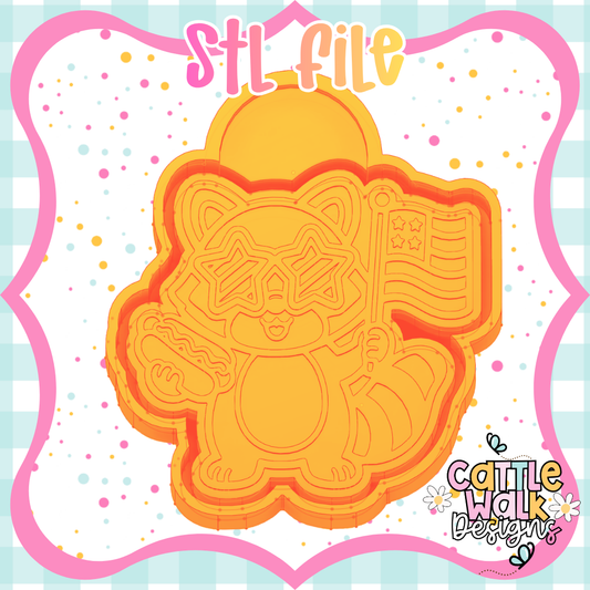 Patriotic Raccoon STL File | Kawaii Raccoon w/ Hot Dog & Flag | 4th of July Freshie Mold | CWD-Style Bold Outline