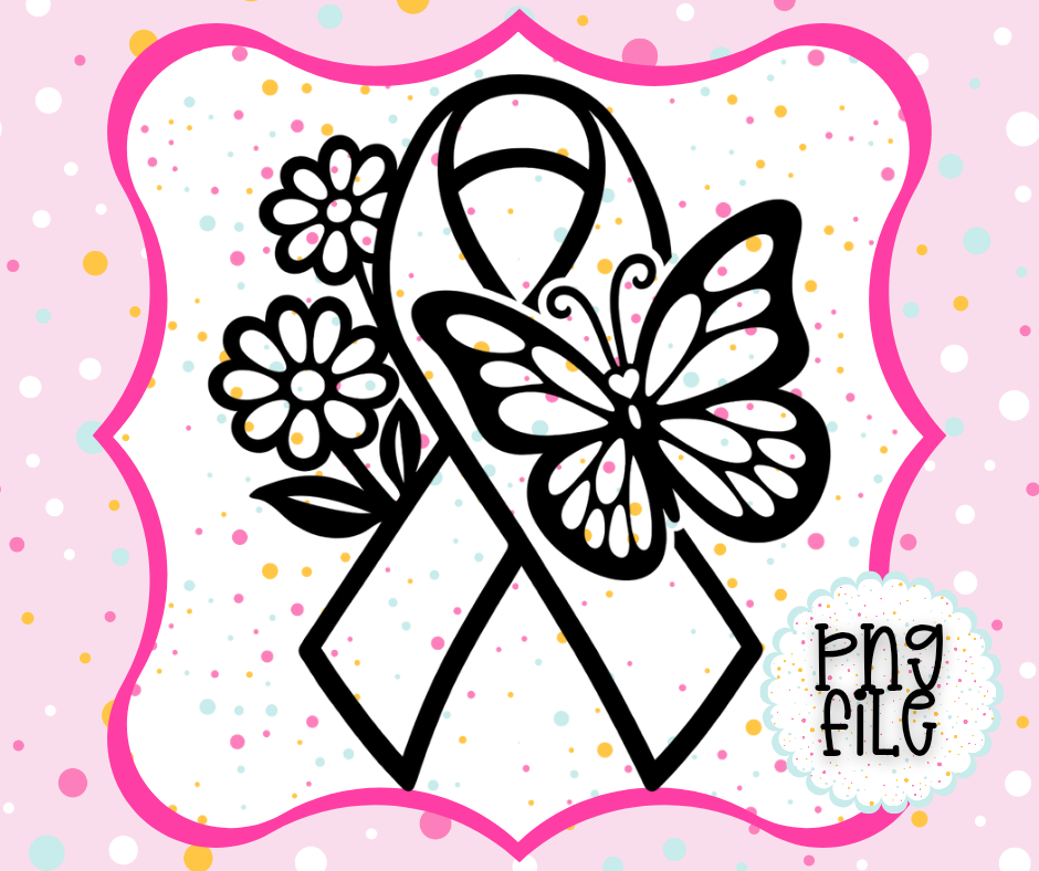 Breast Cancer Awareness Ribbon PNG with Flowers & Butterfly | Support Ribbon Freshie Design | Digital Download