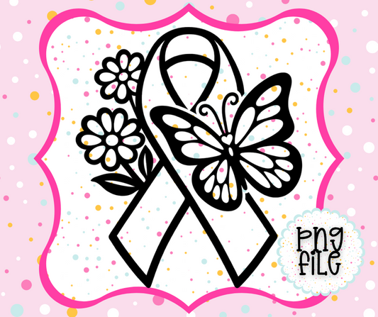 Breast Cancer Awareness Ribbon PNG with Flowers & Butterfly | Support Ribbon Freshie Design | Digital Download