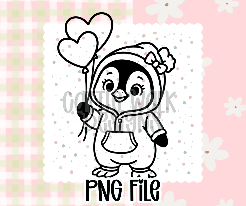 Sweetheart Penguin Valentine Heart Balloons Outline – Chunky Bold Freshie PNG