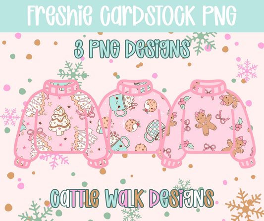 Pink Christmas Sweater Freshie Cardstock PNG Bundle | Gingerbread, Cocoa, & Tree Designs | 3-Pack Digital Download