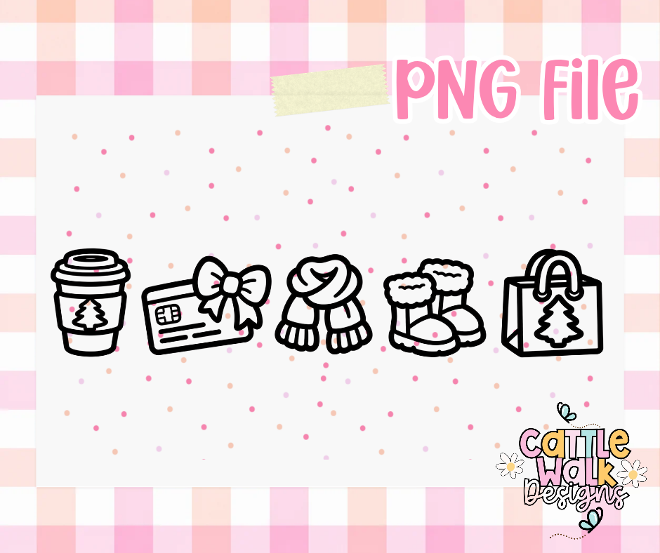 Christmas Shopping Charm PNG Set | Cozy Holiday PNG | Coffee, Credit Card, Scarf, Boots & Shopping Bag