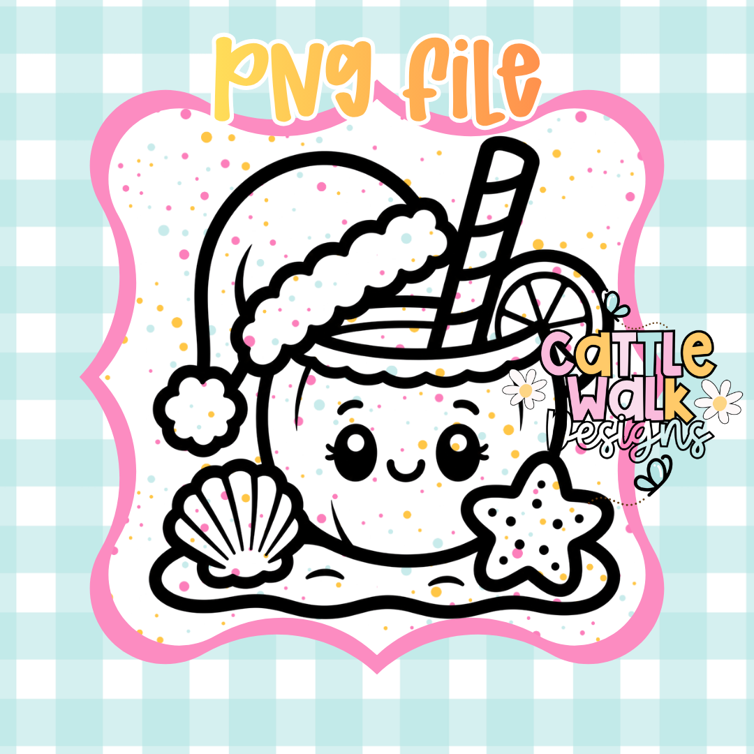 Cute Christmas Coconut Drink PNG | Tropical Christmas PNG | Beach Christmas | Kawaii Holiday Drink | Digital Download | Freshie PNG