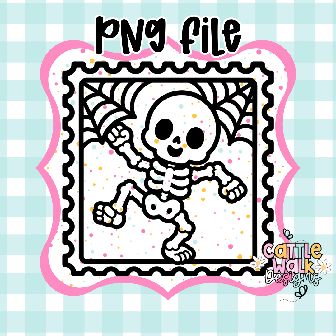 Dancing Skeleton PNG | Cute Skeleton PNG | Halloween Stamp Frame Design | Spooky Freshie & Sublimation PNG