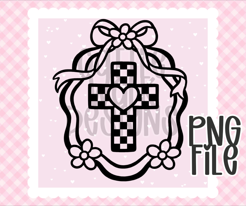 Checkered Cross PNG with Bow Frame | Coquette Christian Design | Bold Black & White Outline | Freshie & Craft PNG