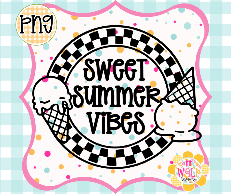 Sweet Summer Vibes PNG | Retro Ice Cream Checkered Design | Bold Outline Freshie Digital Download