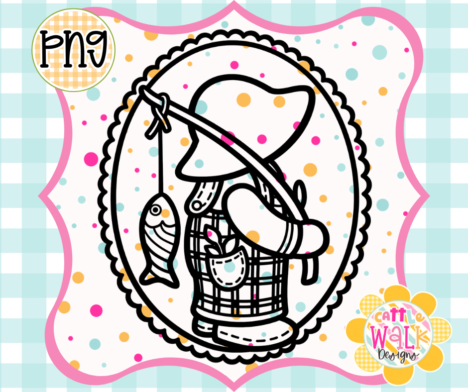 Vintage Boy Fishing PNG | Storybook Fisherman Cameo Frame | Bold Outline Freshie Digital Download