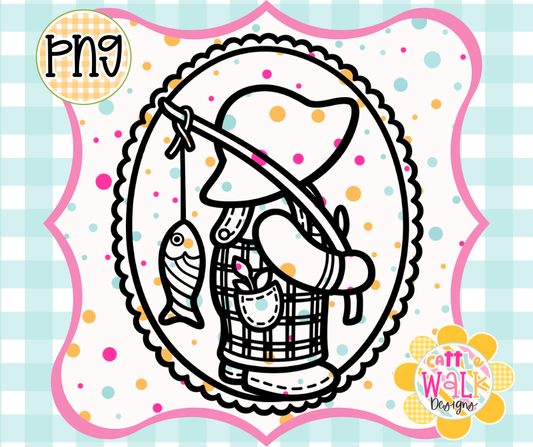 Vintage Boy Fishing PNG | Storybook Fisherman Cameo Frame | Bold Outline Freshie Digital Download