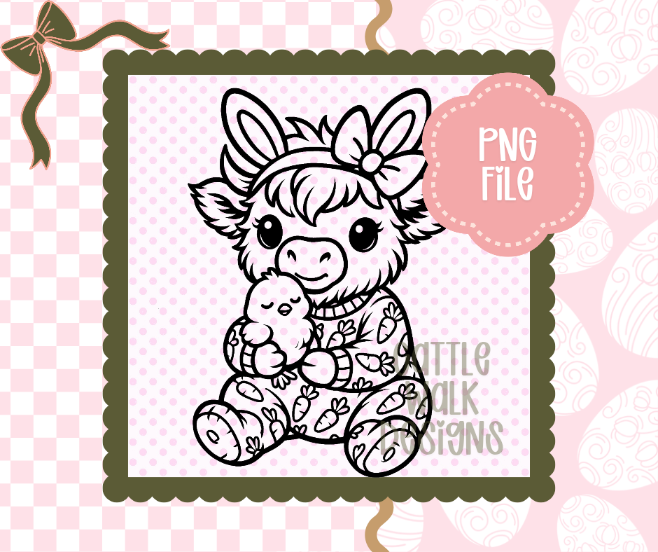 Easter Highland Cow PNG – Highland with Bunny Ears and Chick – Carrot Pajama Spring Design – Cattle Walk Designs