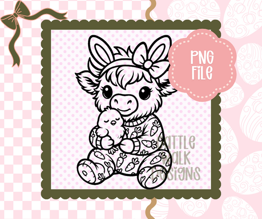 Easter Highland Cow PNG – Highland with Bunny Ears and Chick – Carrot Pajama Spring Design – Cattle Walk Designs