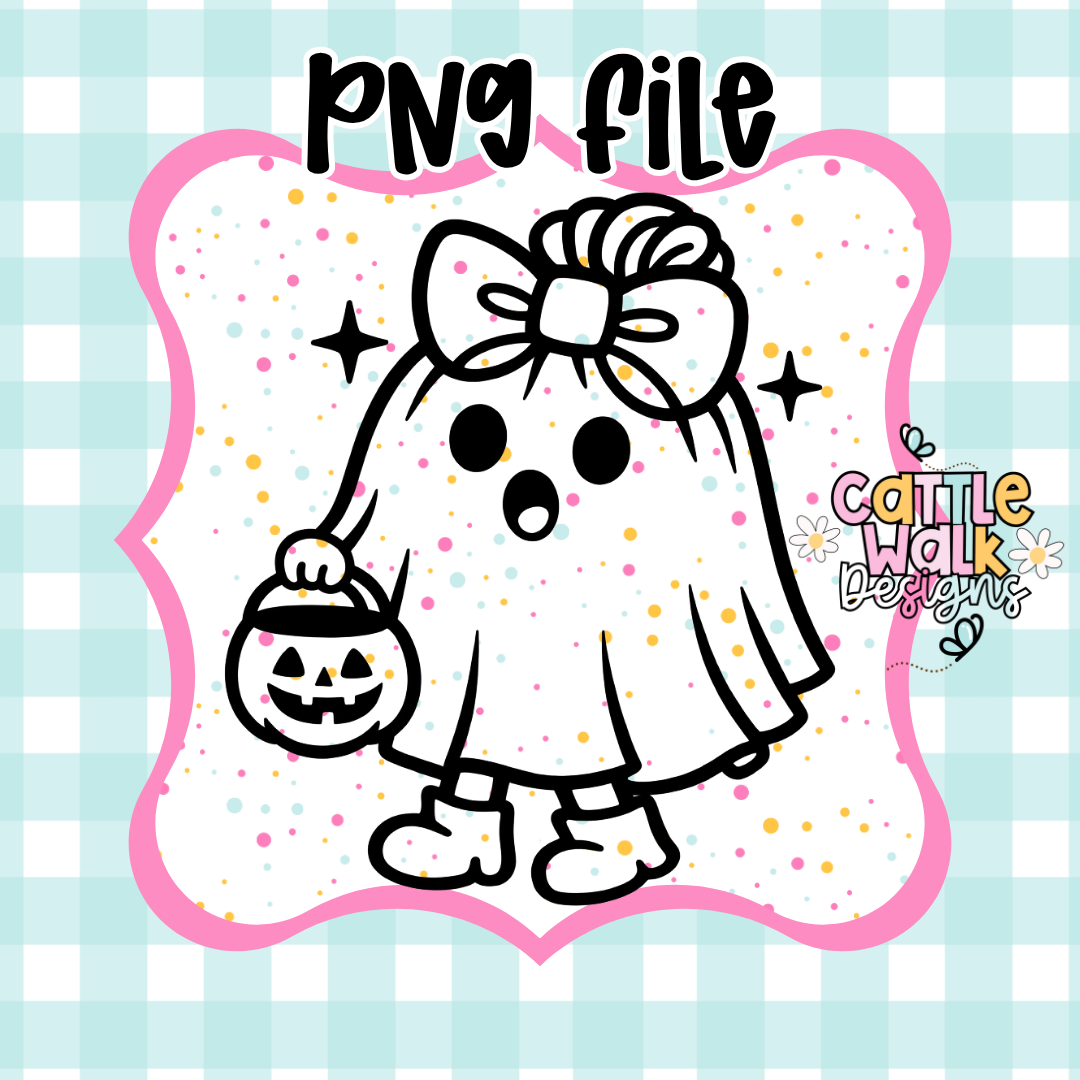 Little Miss Ghost Trick-or-Treat PNG | Cute Halloween Ghost with Pumpkin Bucket | Thick Outline Mold-Friendly Design