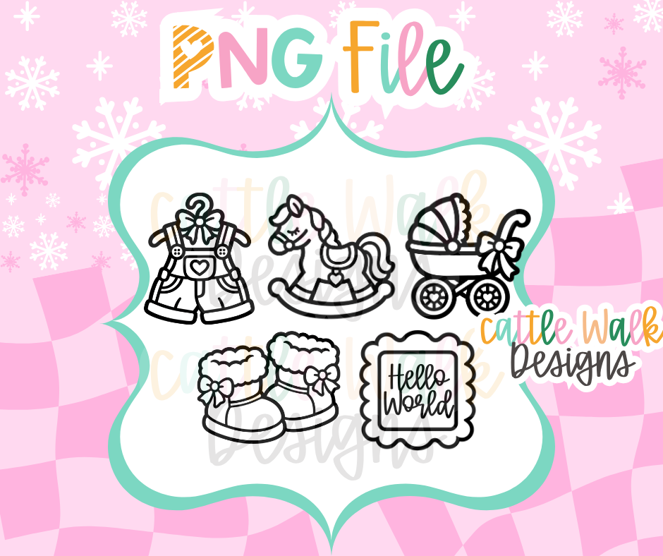 Baby Freshie Charm PNG Bundle | Baby Shower PNG | Rocking Horse, Stroller, Baby Boots, Overalls & Hello World | 5 Digital Designs