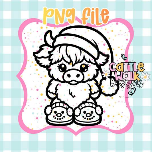 Christmas Highland Cow PNG | Cute Cow in Santa Hat & Snowman Slippers | Digital Download