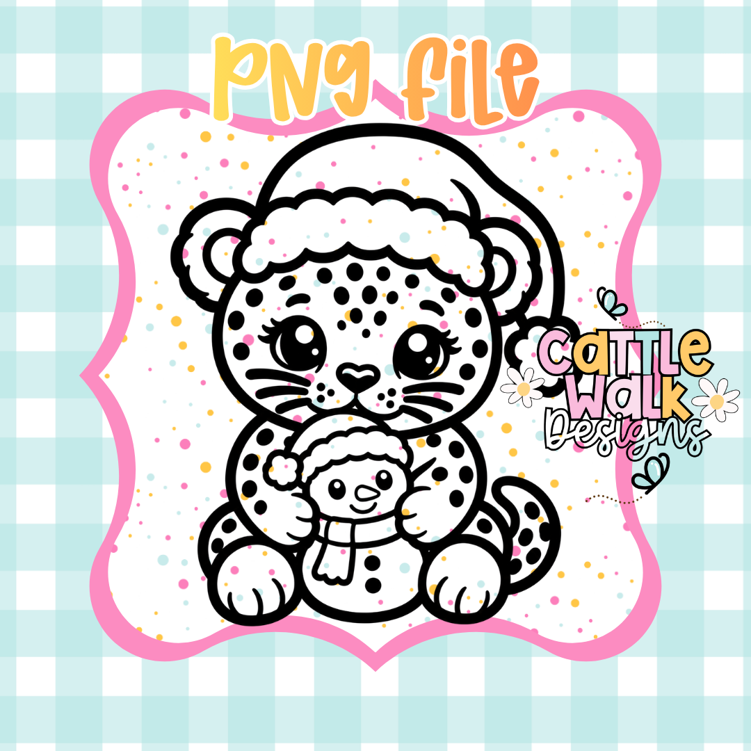 Cute Leopard Holding Snowman PNG | Christmas Baby Leopard | Kawaii Holiday PNG | Digital Download | Freshie PNG | Sublimation Design