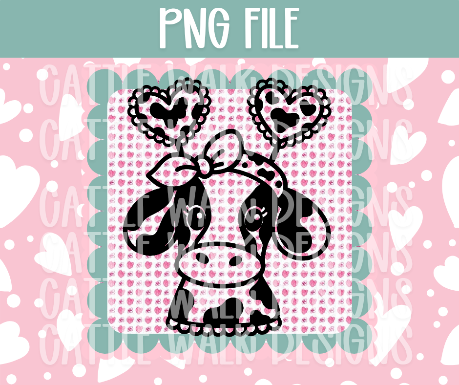 Cow with Lace Heart Antennas PNG – Valentine’s Cow Print Freshie Design Template