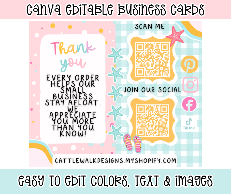 Coastal Canva Business Card Template | Editable Thank You Card | Freshie Small Business Insert | QR Code Social Media Card
