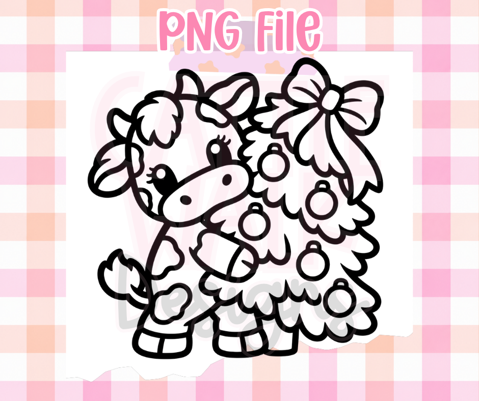 Christmas Cow PNG | Cute Cow with Christmas Tree & Bow Holiday Digital Design