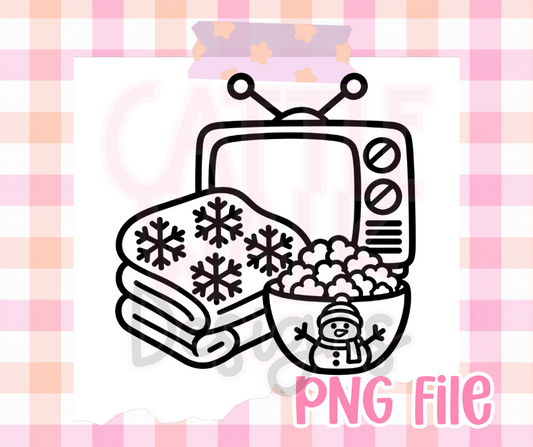 Cozy Winter Movie Night PNG | Retro TV Snowflake Blanket & Popcorn Digital Download