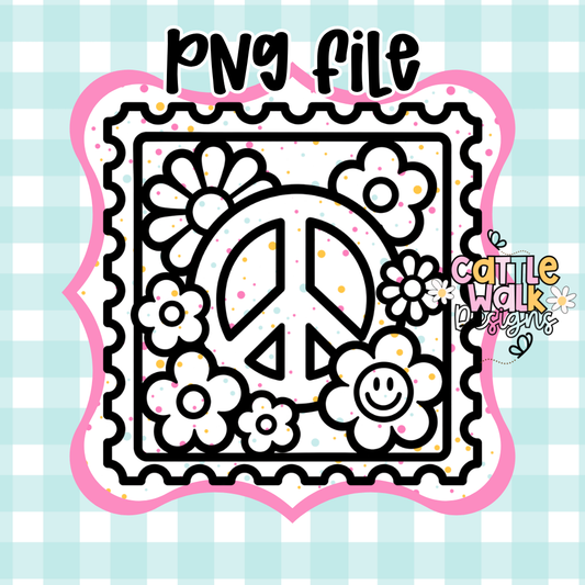 Retro Peace Stamp PNG | Hippie Flower Frame PNG | Smiley Flower Design | CWD-Style Thick Bold Outline | Freshie & Mold Friendly
