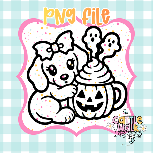 Cute Halloween Puppy with Ghost Cocoa PNG | Summerween Sublimation Design | Digital Download