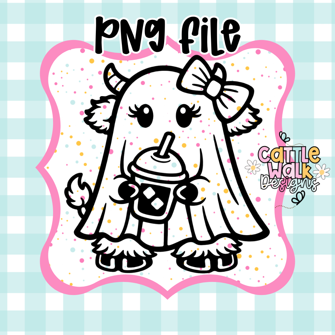 Highland Cow Ghost PNG with Iced Coffee | Cute Halloween Cow PNG | Thick Bold Outline | Mold Maker Friendly | Digital Download (No STL Resale)