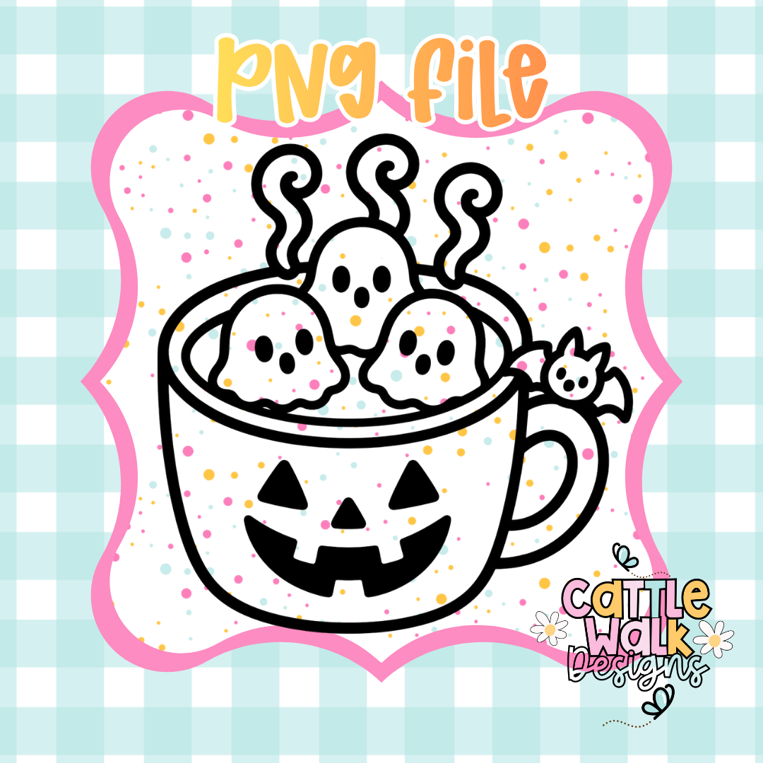 Ghost Marshmallow Halloween Cocoa PNG | Pumpkin Mug Sublimation Design | Digital Download