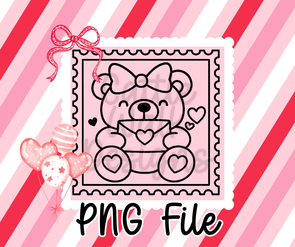 Valentine Bear Stamp PNG • Cute Bear with Love Letter • Postage Stamp Outline • CWD Thick Line Clipart