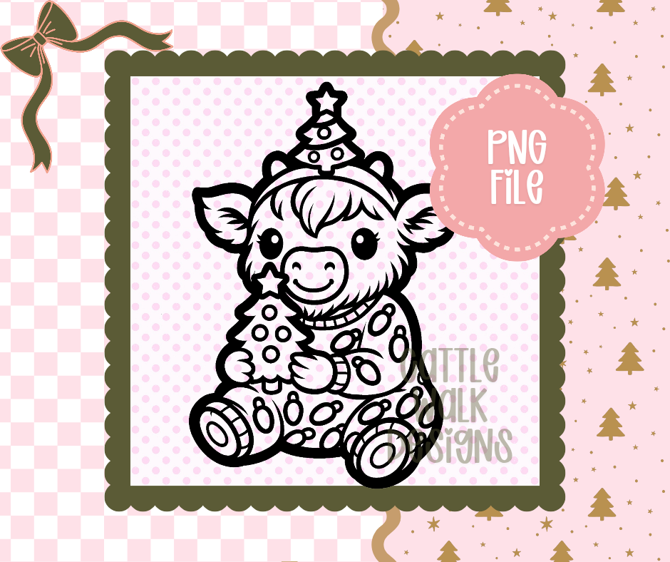 Christmas Tree Highland Cow PNG – Cute Highland in Pajamas with Tree – Christmas Freshie Design – Cattle Walk Designs