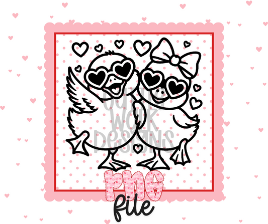 Cute Duck Couple Black & White PNG – Heart Sunglasses Valentine Freshie Design | Digital Download