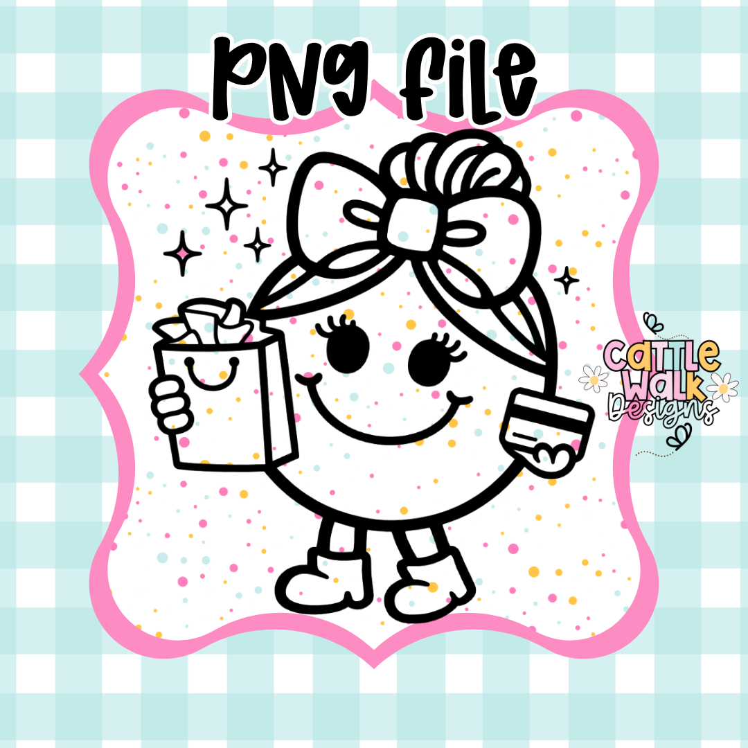 Little Miss Shopping PNG | Cute Girl with Shopping Bag & Card | Funny Sassy Character | Retail Therapy PNG | Freshie Mold PNG | Bold Outline CWD Style