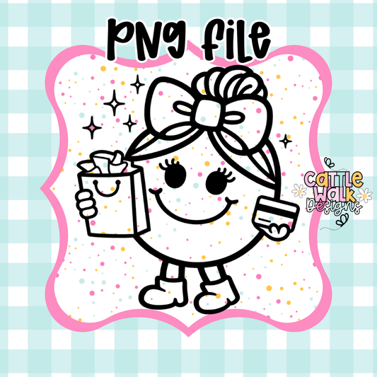 Little Miss Shopping PNG | Cute Girl with Shopping Bag & Card | Funny Sassy Character | Retail Therapy PNG | Freshie Mold PNG | Bold Outline CWD Style